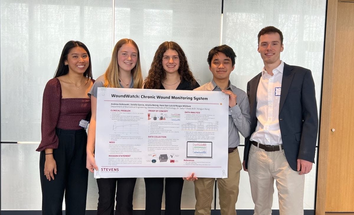 The WoundWatch student team, made up of five students, stand together in front of a window holding their project poster