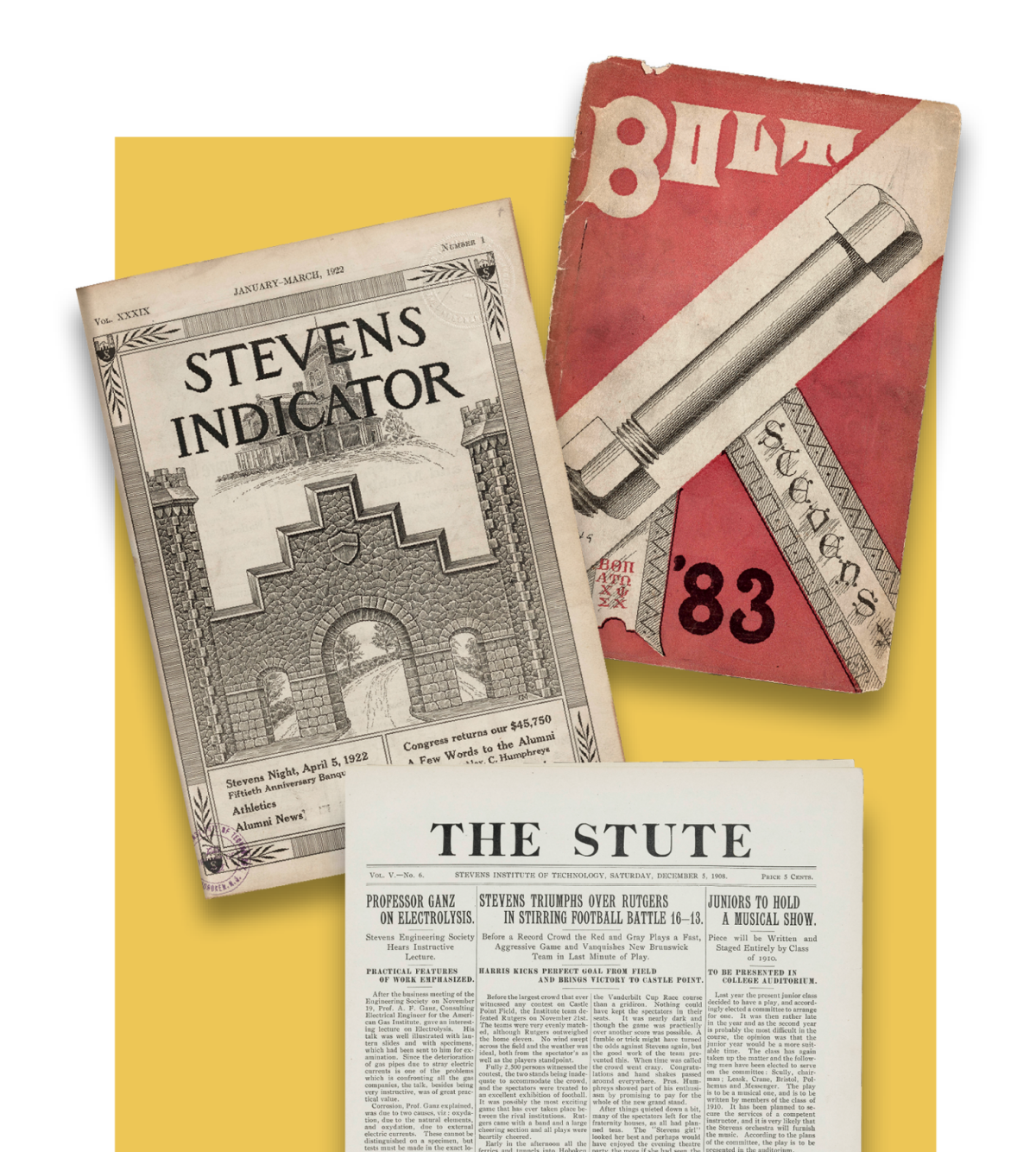 Covers from three historical Stevens publications. Clockwise from left: the Stevens Indicator, Bolt, and The Stute. 