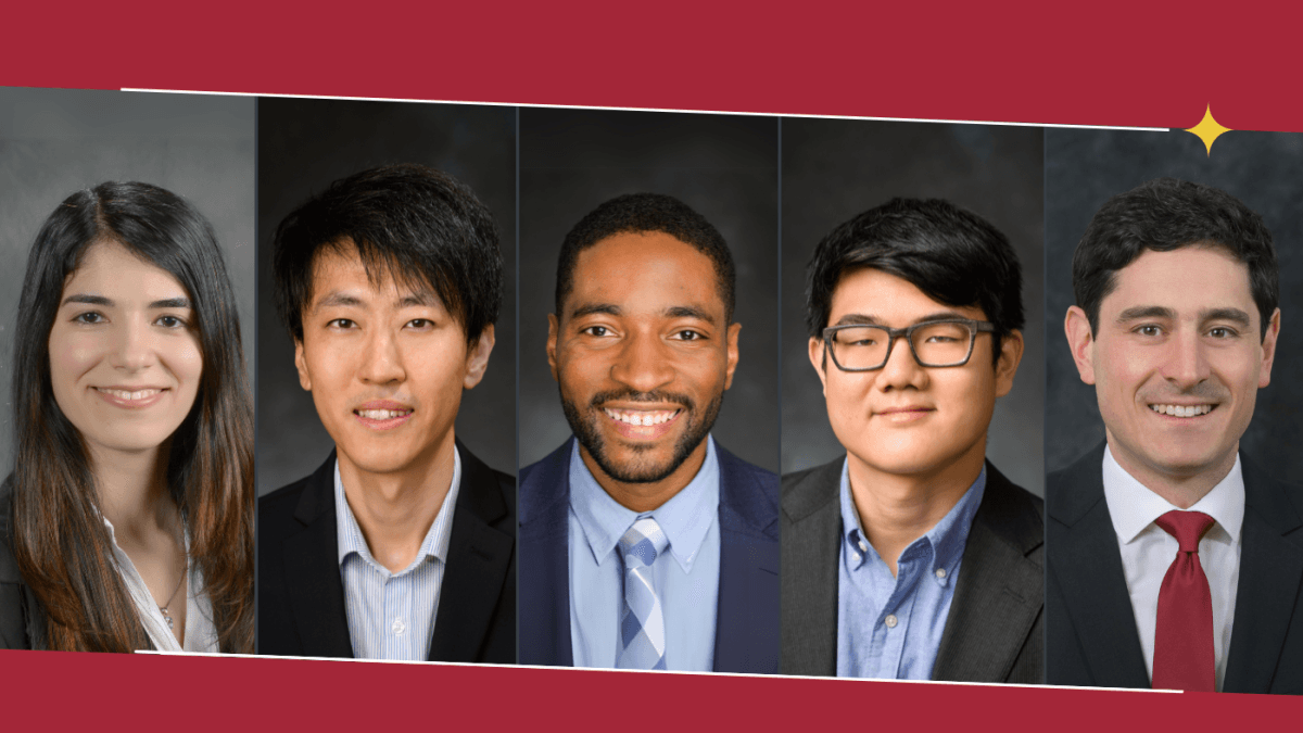 A graphic featuring the five 2024 SES NSF CAREER Award Winners, from left to right: Shima Hajimirza, Tian Han, Philip Odonkor, Christopher Sugino and Johannes Weickenmeier.