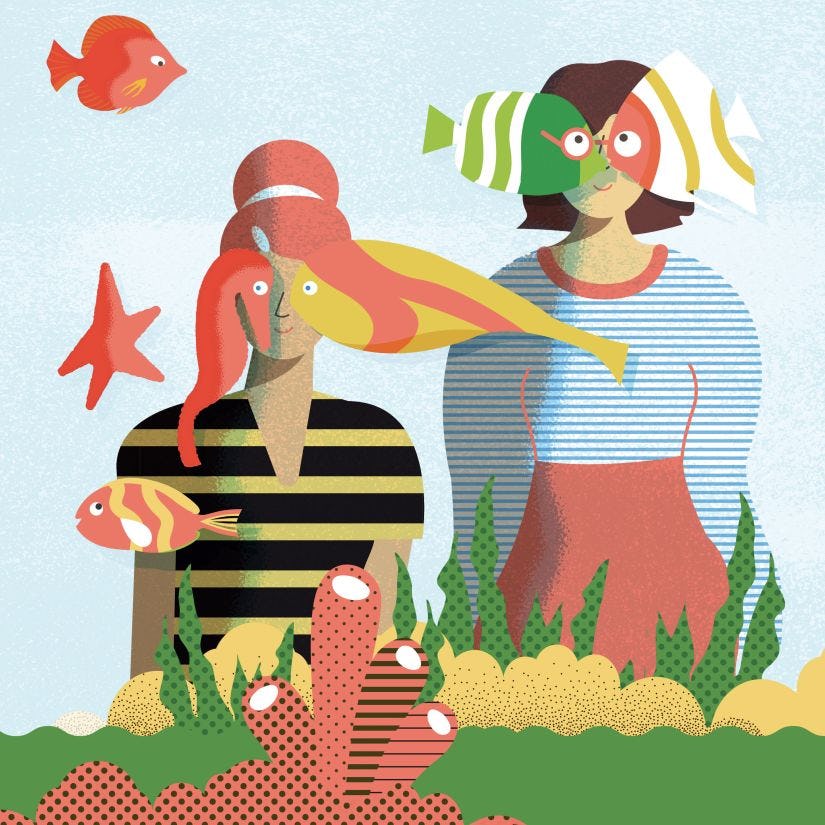 Illustration of two people in an aquarium looking at fish