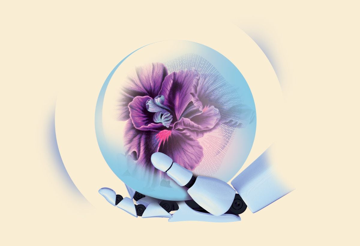 Illustration of a robot hand holding a flower in a sphere.