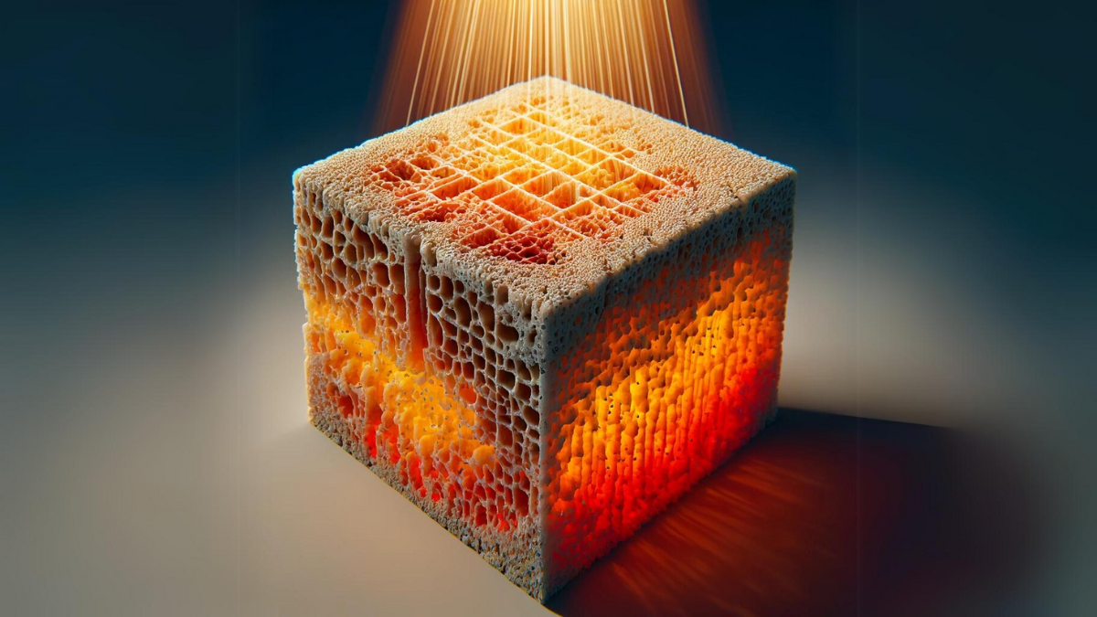 A hot, orange light shines from above down into a porous cube, and the light is refracted out of the cube on the right side. The background is dark.