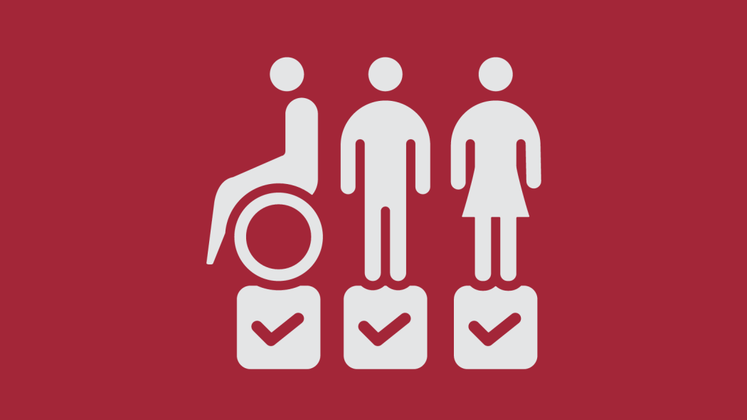 Graphic of animated individuals showcases a person in a wheelchair, a man, and a woman, all above check marks. 