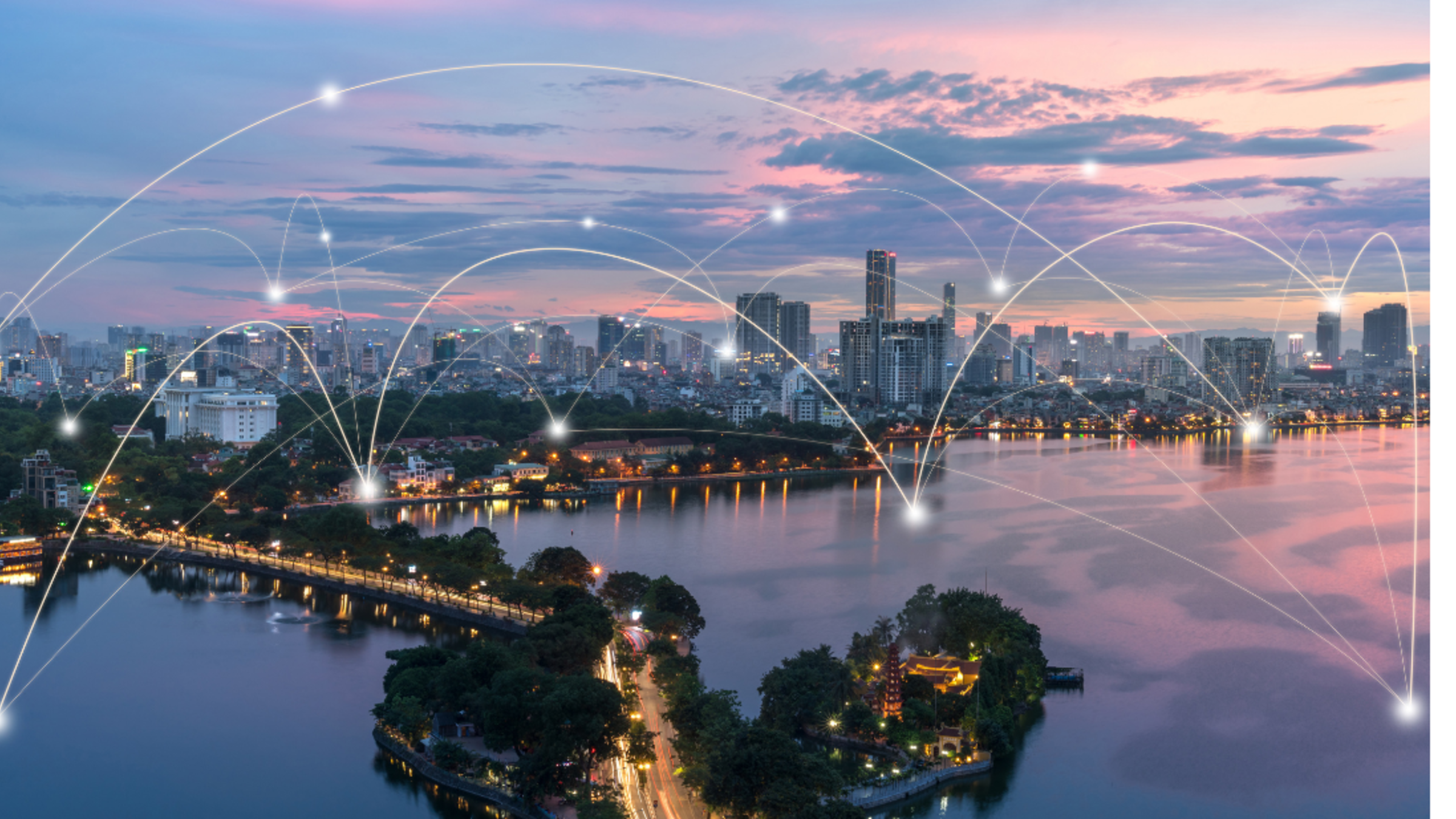 Smart city and wireless communication network concept. Digital network connection lines of Hanoi city at West Lake or Ho Tay.