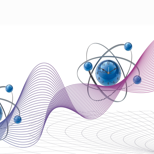 An abstract illustration of quantum time, showing atoms with clocks at their center. In the background are waves. In the lower right corner is Earth amid lines that represent curved space-time.