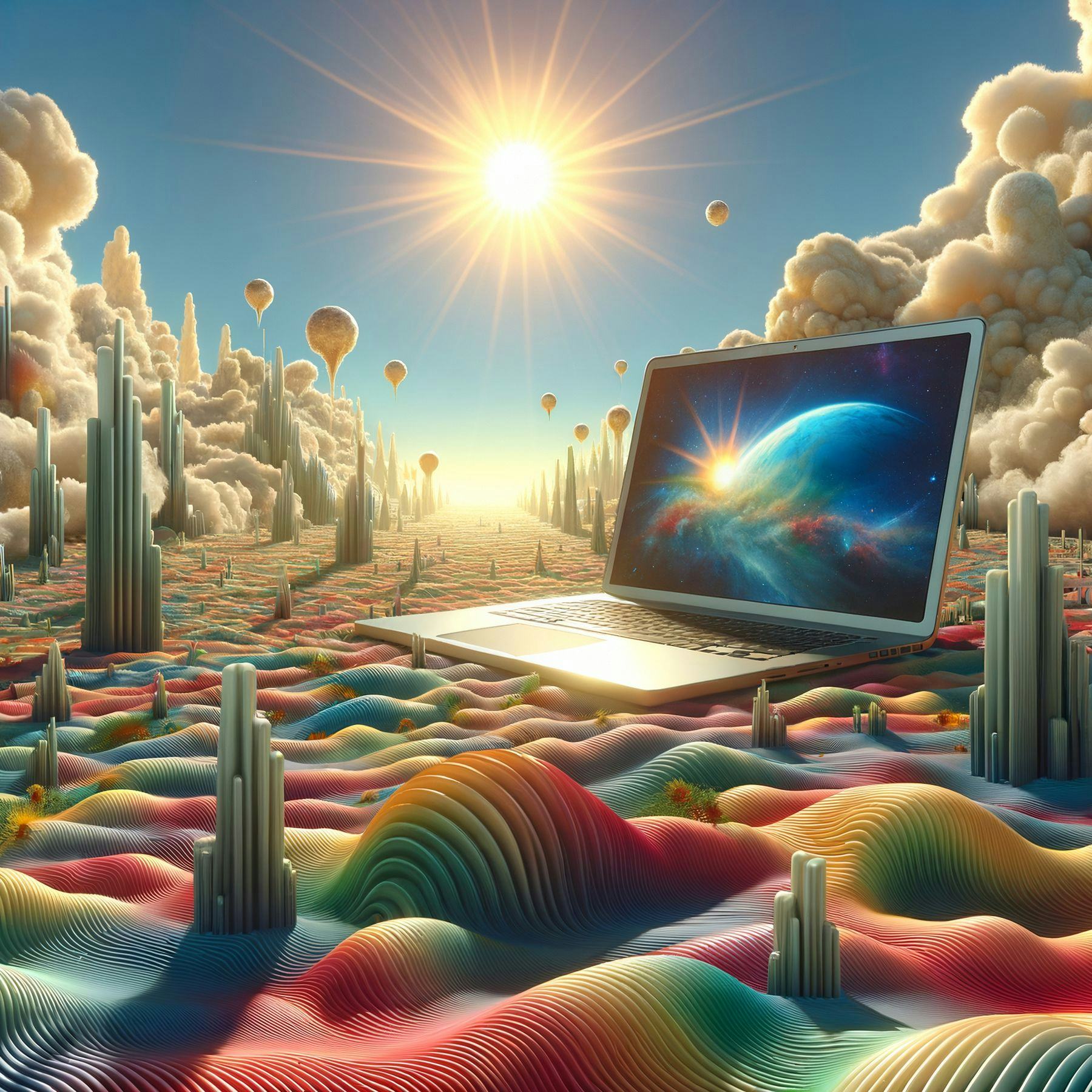 colorful surreal landscape with laptop computer and the letters "AI"