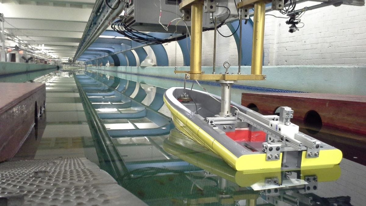 Davidson Laboratory towing tank testing a model boat hull