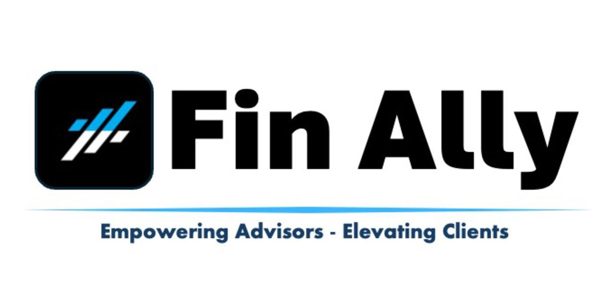 Logo for the "Fin Ally" product made up of a rounded black box with four blue and white lines inside and the name spelled out to the right. 