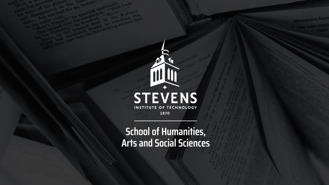Graphic showing the logo for Stevens School of Humanities, Arts and Social Sciences superimposed over a book