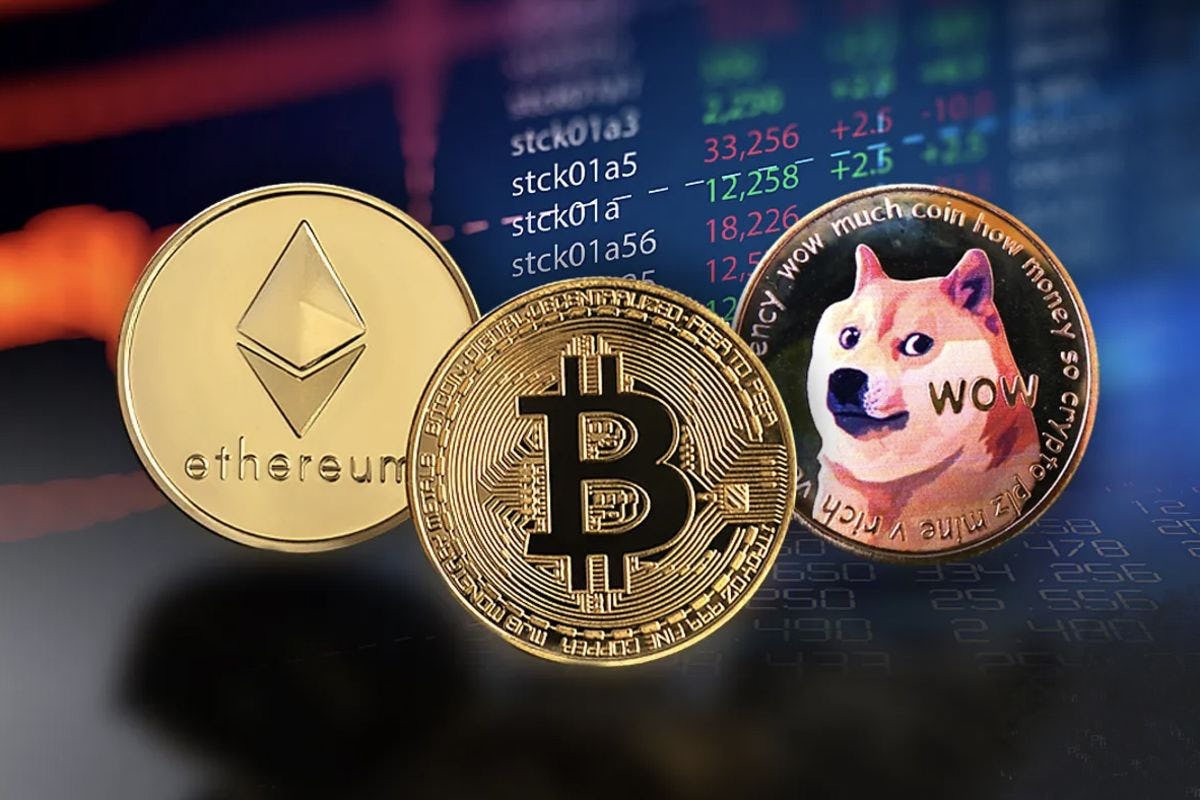 illustration of Bitcoin, Ethereum and Doge coin
