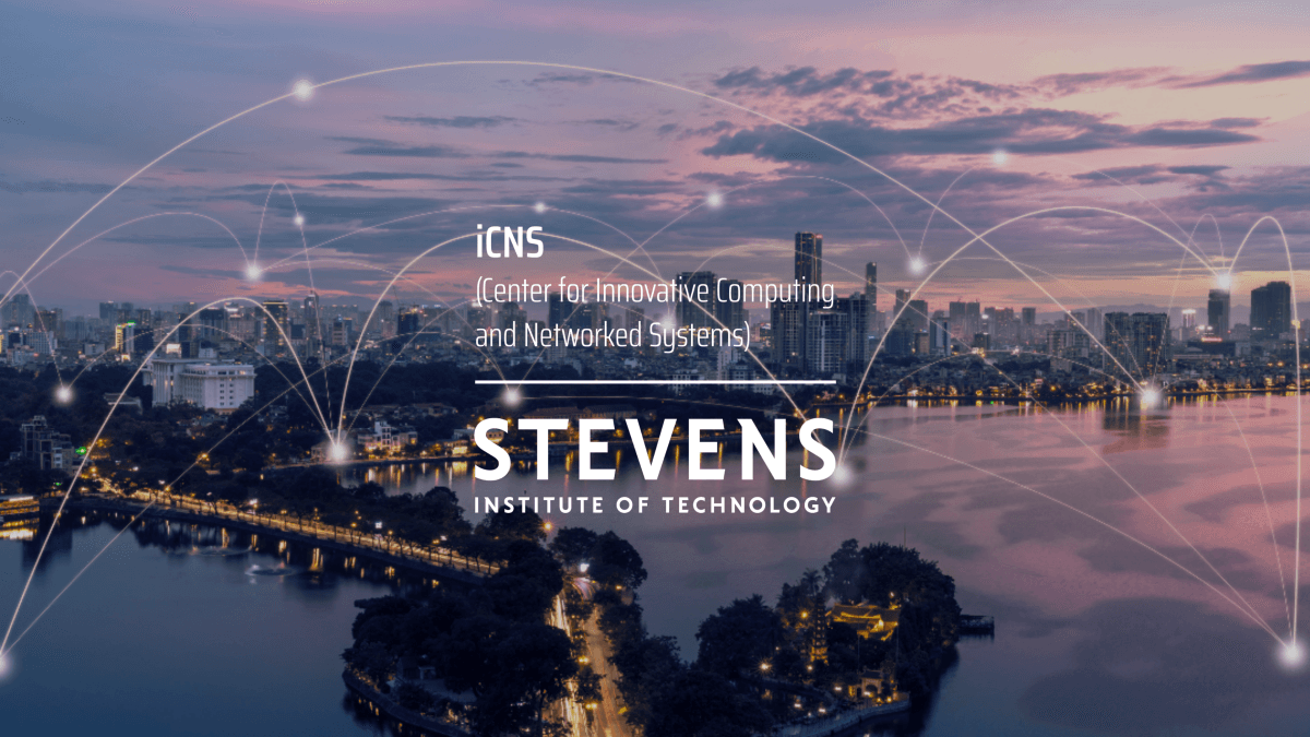 iCNS Center for Innovative Computing and Networked Systems logo | Stevens Institute of Technology over an illustration of a wirelessly connected cityscape.