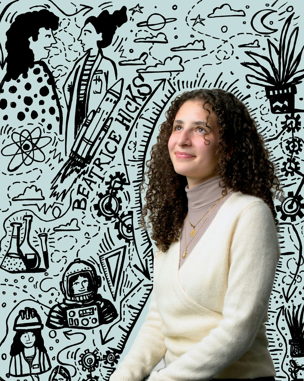 Portrait of Aya Zaatreh in front of a dynamic illustration