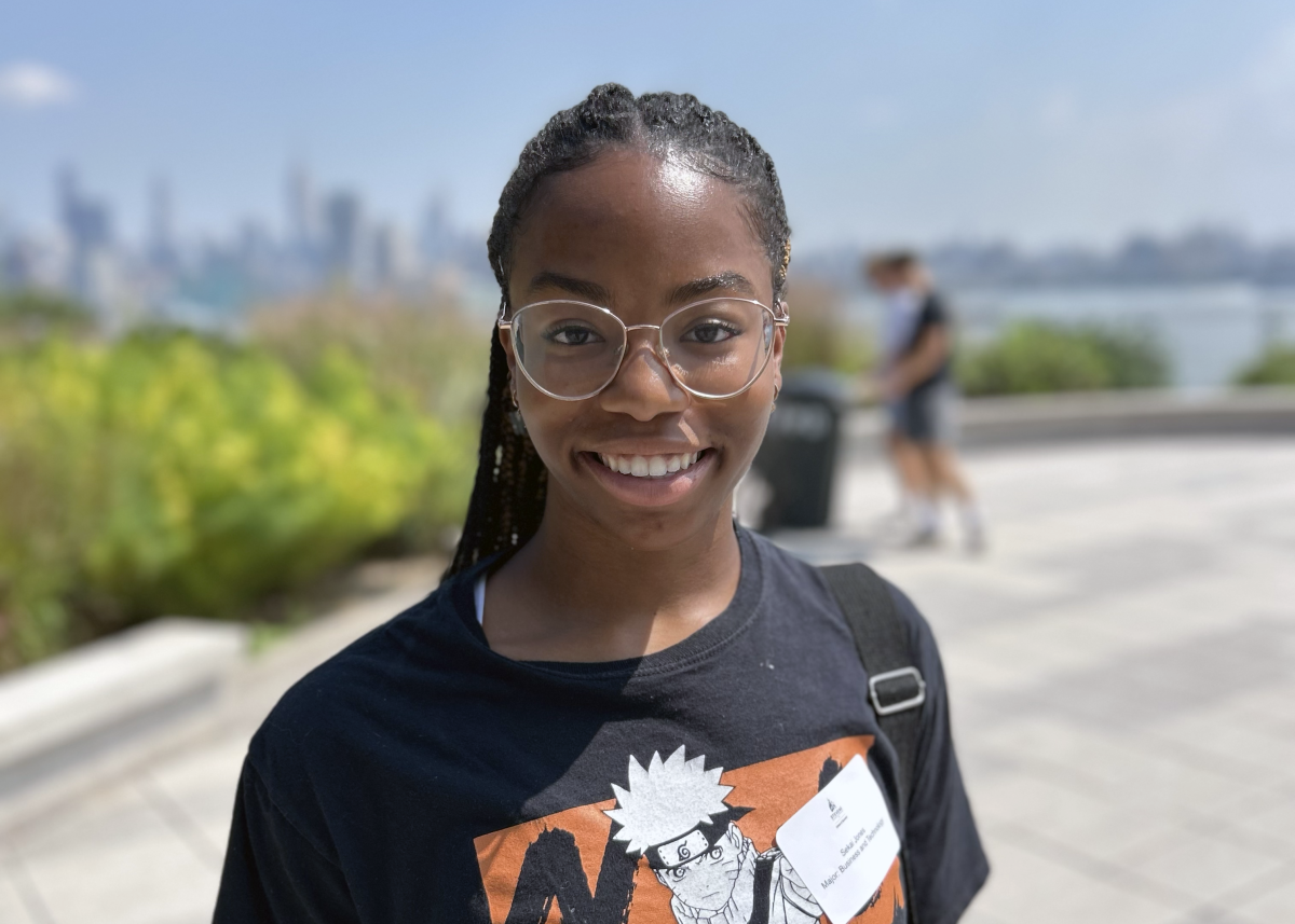 Sekai Jones stands on the Babbio Center patio.