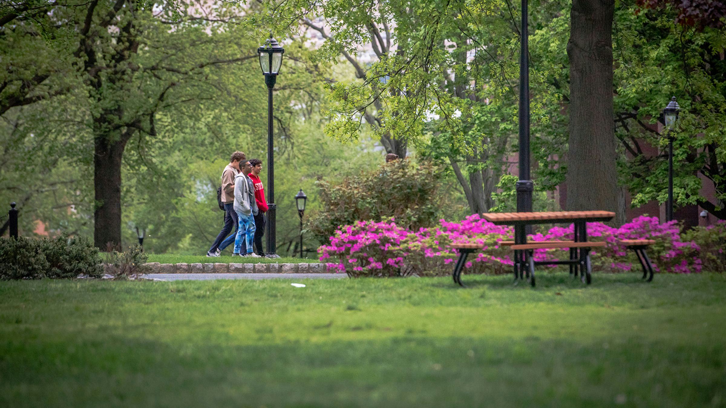 Students walking through campus in Spring