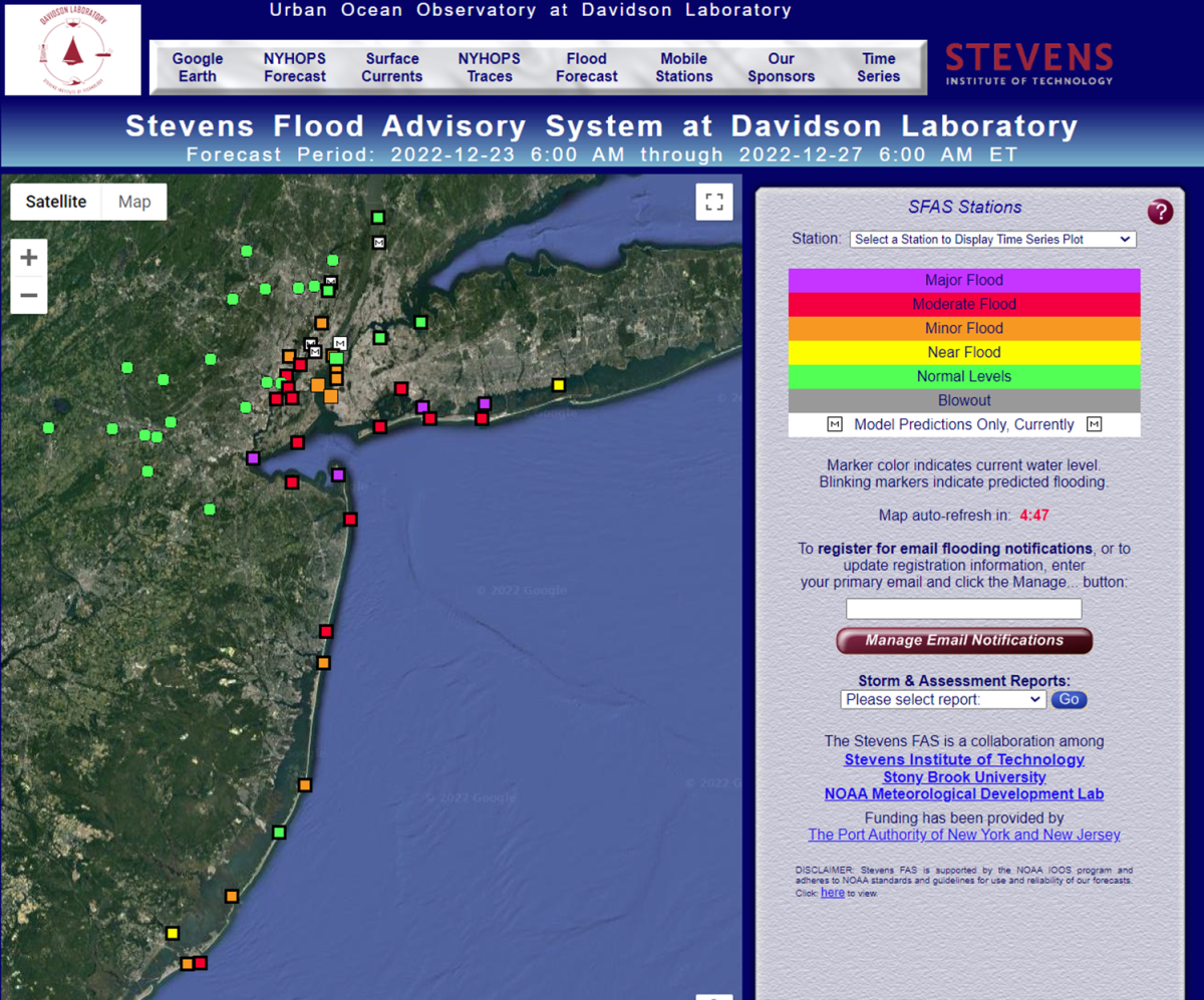 Image of Stevens flood forecasting tool showing flood conditions in metro NYC area